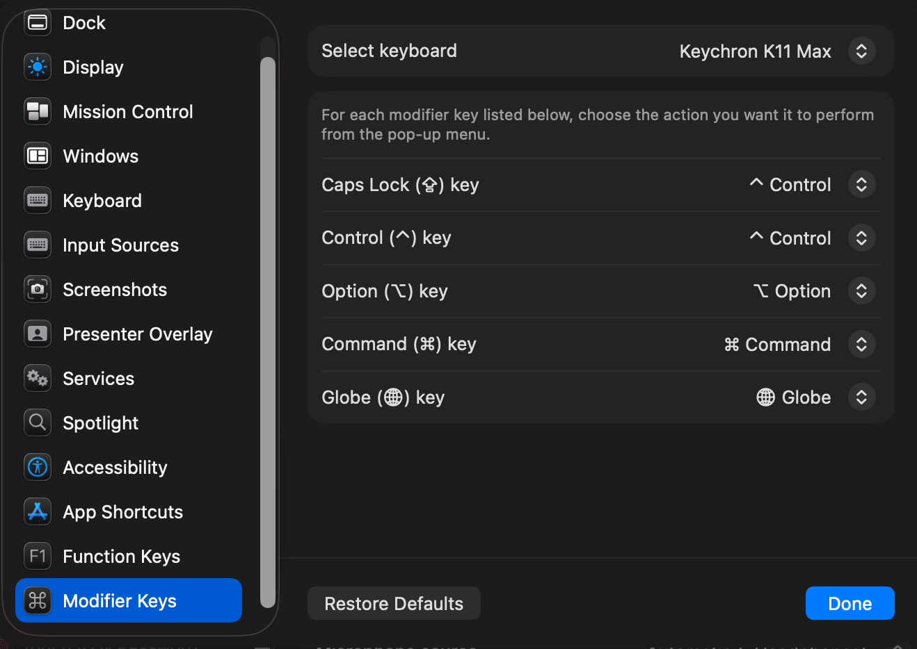 Los ajustes de teclas modificadoras de macOS con Bloq Mayús mapeada a Control