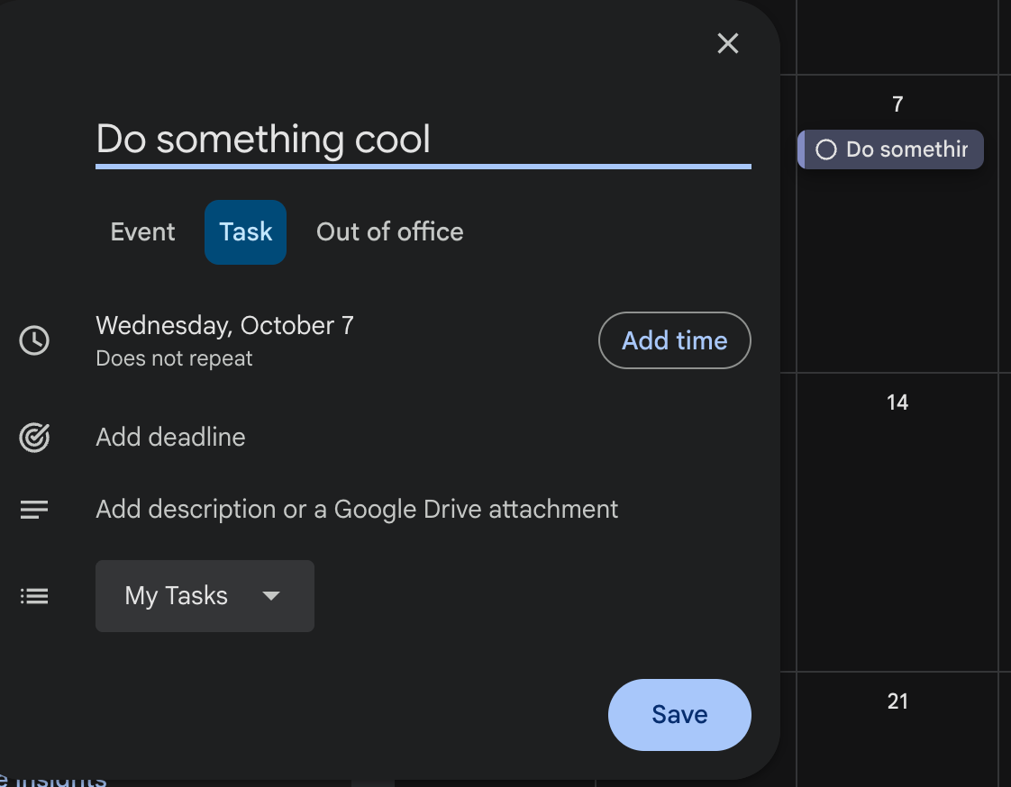 Creando una tarea de Google directamente en el calendario