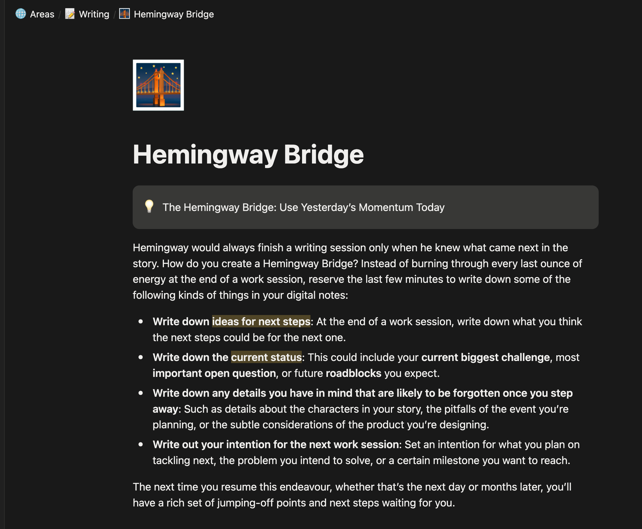 Mi nota sobre la técnica del puente de Hemingway